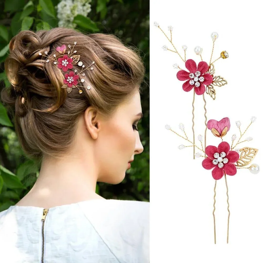 18 Pieces Bridal Wedding Party Prom Pearl Rhinestone Rose Red Flower Hair Side C